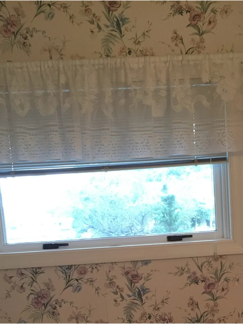 Vintage White Lace Curtain Panel/Valance with Floral and Scalloped Detail